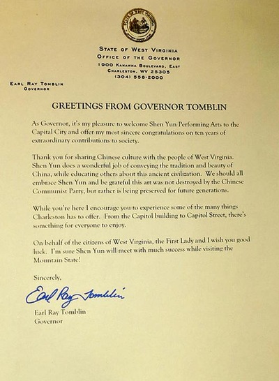 Greeting letter from Earl Ray Tomblin, Governor of West Virginia