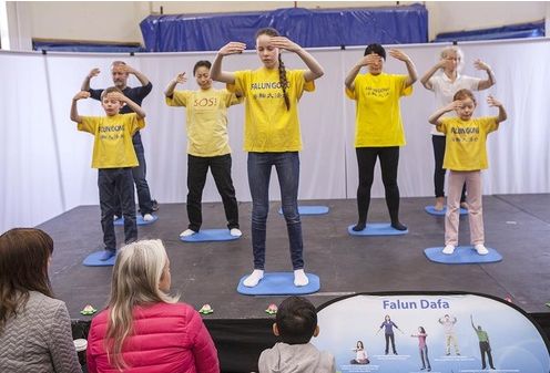 Exercise demo by Falun Gong practitioners at Harmoni-Expo in Solna, Sweden.