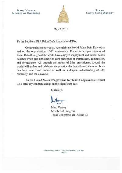 Congratulatory letter from Congressman Marc Veasey