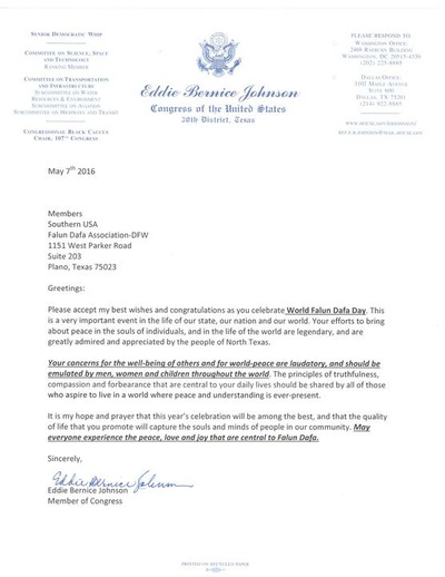 Congratulatory letter from Congresswoman Eddie Bernice Johnson