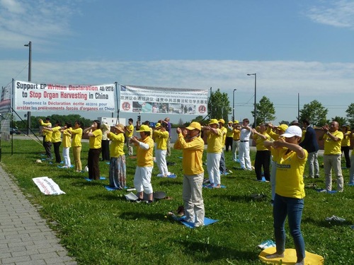Falun Gong practitioners hold group exercise practice in front of the European Parliament in Strasbourg, France on June 7, 2016, to raise awareness about the persecution in China and to support a potential resolution to request an investigation into forced organ harvesting of prisoners of conscience.