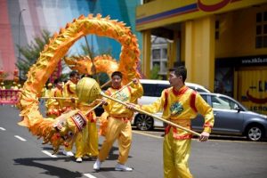 Dragon dance by Falun Dafa practitioners.