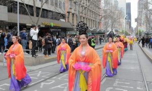 “Celestial Maidens” part of the grand parade as they marched through down town Melbourne.