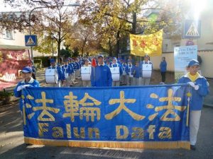 The European Tian Guo Marching Band performs in front of the Chinese Consulate in Munich, Germany on November 4, 2016.