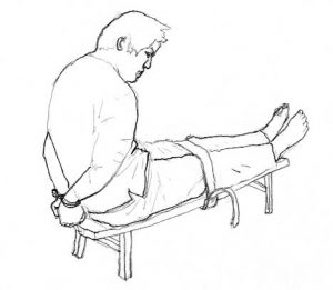 "Tiger Bench" is one of the torture methods used on practitioners. Practitioners' knees are tightly tied on a "Tiger Bench" [a small iron bench]. Usually some hard objects are inserted underneath the practitioner's lower legs or ankles to make it harder for them to tolerate this abuse.