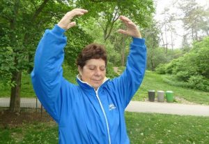Real estate consultant Nadia Ghattas does the Falun Gong exercises in Manhattan.