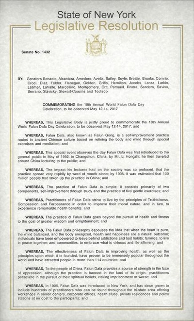 New York Senate Resolution 1432 (page1) declares the 18th World Falun Dafa to be observed on May 12-14, 2017.