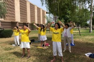 Doing the Falun Gong exercises in front of the Arizona State capitol on April 25.