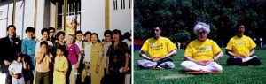 Left: Elaine Vallance Featherstone (in fuchsia blouse) with practitioners in Washington DC in 2001. Right: Elaine (middle) practices the sitting meditation in a park.