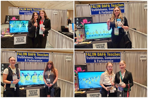 Many students stopped at the Falun Gong booth to learn about the practice and took photos.

